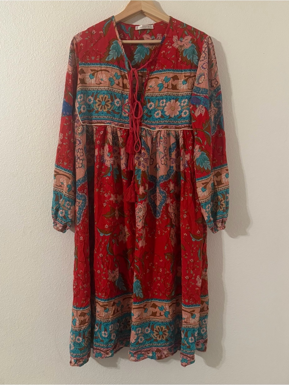 R Vivimos Women's Midi Dress Long Sleeve Floral Retro V Neck Tassel Boho Large